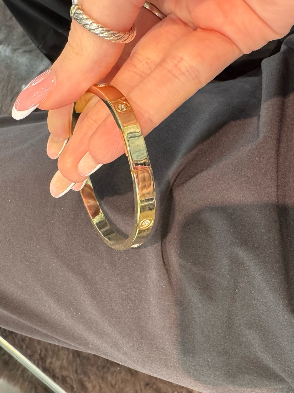 Yellow-Tone Screw Motif Crystal Bangle Bracelet